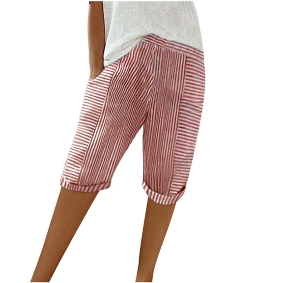 Buigttklop Linen Capris Women Retro Woven Jacquard Striped Patchwork Design Elastic Loose Fifth Pants with Pockets 2024 Summer Jac Quard Striped Patchwork Loose Casual Capris