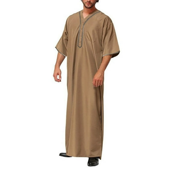 Buigttklop Men'S Long Sleeve Shirts,Men'S Muslim Robe Set Arab Middle Robe Long Sleeve Standing Neck Pocket Button Casual Robe