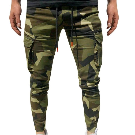 Buigttklop Mens Pants Men'S Camouflage Drawstring Elastic Waist Multi-Pocket Casual Sweat Length Pants