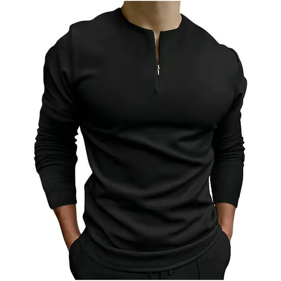 BUIgtTklOP Mens Shirts Clearance Plus Size Long Sleeve Round Neck Solid Color Pocket Zipper Slim Fit Shirt