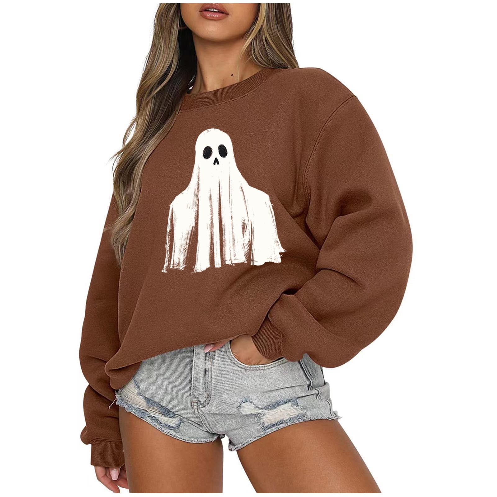 Women's Halloween Ghost Sweatshirt - Oversized Pumpkin Coffee Graphic Fall Pullover, Spooky Season Top