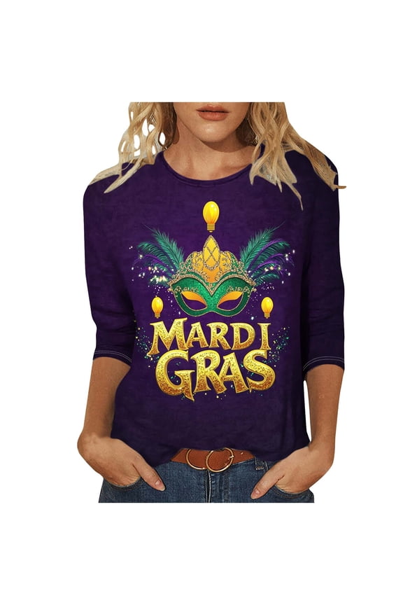 Mardi Gras Shirts for Women 3/4 Sleeve Dressy Tunic Tops Mask Print Tee Crewneck Tops Fancy Carnival Costume Tshirt