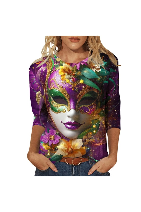 Mardi Gras Shirts for Women 3/4 Sleeve Dressy Tunic Tops Mask Print Tee Crewneck Tops Fancy Carnival Costume Tshirt
