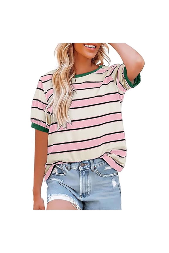 Rainbow T Shirt Women Striped Crew Neck Short Sleeve Stripes Tee Top Stripped
