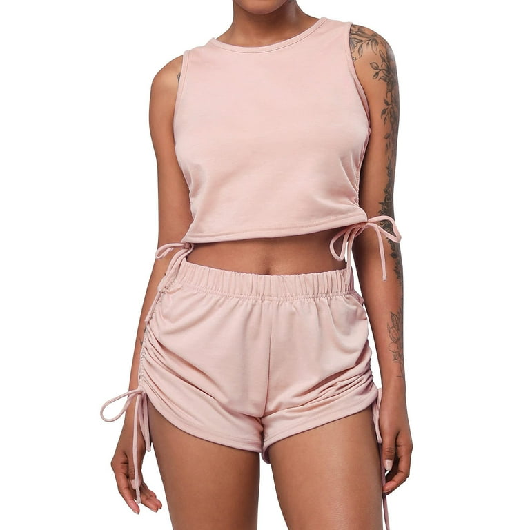 BUIgtTklOP No Boundaries Shorts Summer Saving Clearance!Womens Shorts  Two-Piece Drawstring Solid Sleeveless Round Neck Crop Tank Tops And Short  Pants Sets 