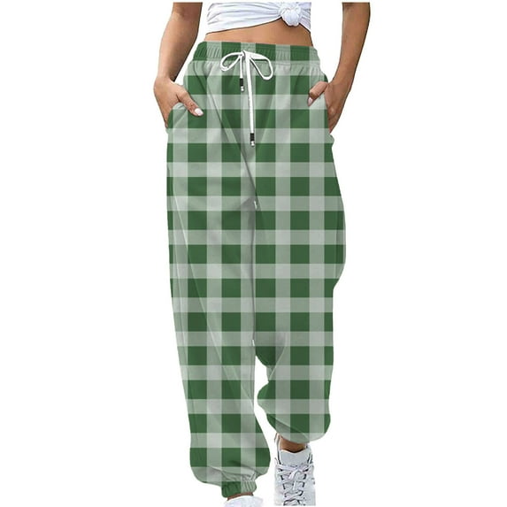 Buigttklop Pants for Women Womens Checker Printing Sweatpants Loose Lounge Trousers with Pockets High Waist Pants