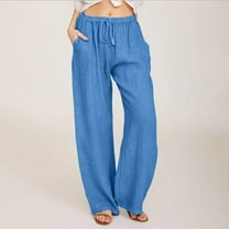 BUIgtTklOP Pants for Women Casual Solid Cotton Linen Drawstring Elastic Waist Long Wide Leg Pants