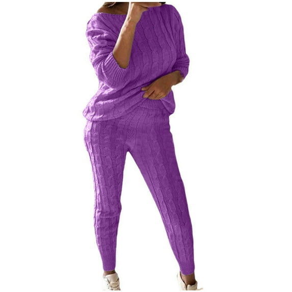 Buigttklop Pants for Women,Womens Solid Color Off Shoulder Long Sleeve Cable Knitted Warm Two-Piece Long Pants Sweater Suit Set