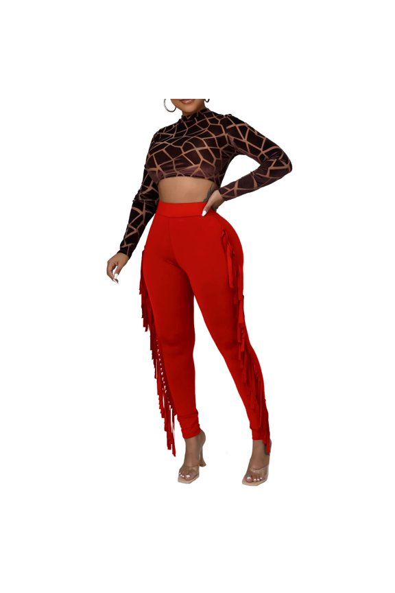 Pants for Women,Women Clothes Tight High Waist Fringed Bandage Pants Solid Color Knitted Tassel Pants Red S