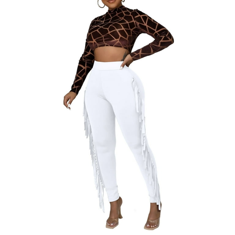 BUIgtTklOP Pants for Women,Women Clothes Tight High Waist Fringed Bandage  Pants Solid Color Knitted Tassel Pants White M