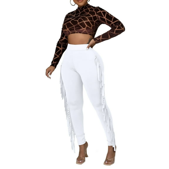 BUIgtTklOP Pants for Women,Women Clothes Tight High Waist Fringed Bandage Pants Solid Color Knitted Tassel Pants White XXL