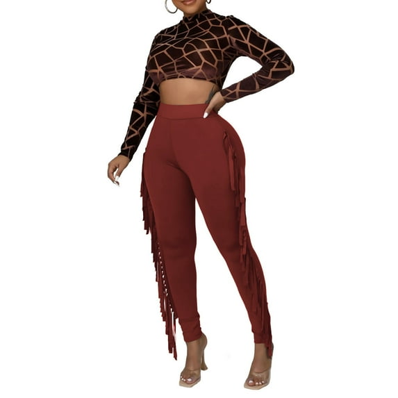 BUIgtTklOP Pants for Women,Women Clothes Tight High Waist Fringed Bandage Pants Solid Color Knitted Tassel Pants Wine XL