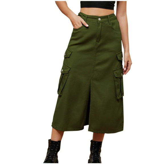 BUIgtTklOP Scoop Women's Drawstring Waist Flap Pocket Cargo Skirt Back Slit Midi Skirt Women's High Waist Pocket Split Half Skirt Women's Casual Denim Half Skirt