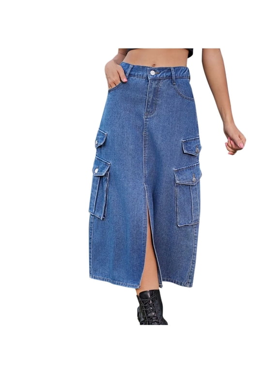 Scoop Women's Drawstring Waist Flap Pocket Cargo Skirt Back Slit Midi Skirt Women's High Waist Pocket Split Half Skirt Women's Casual Denim Half Skirt