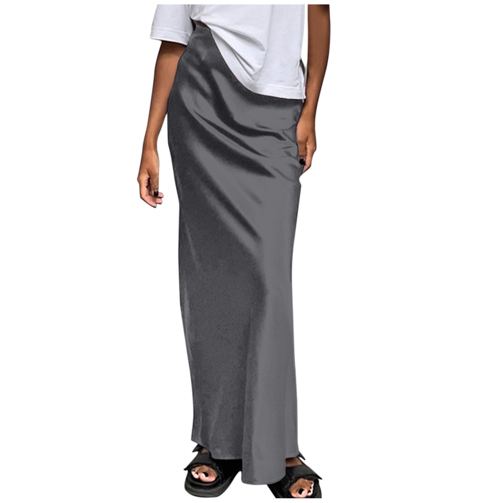 【INCHANT ME】Slab H-line Banding Long Skirt BUIgtTklOP Scoop Women's Satin Silky High Waist Maxi Skirt