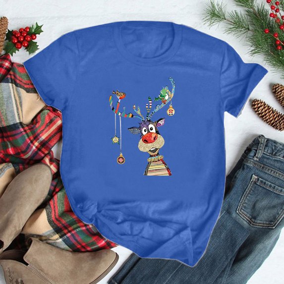 BUIgtTklOP Shirts for Women,Women Men Short Sleeve Merry Christmas Cartoon Deer Print Family Top T-Shirt Blue L