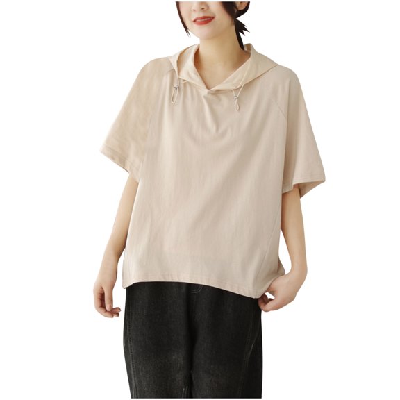 Buigttklop Short Sleeve Hooded Top for Women Women'S Casual Loose Solid Colour Peplum Tops