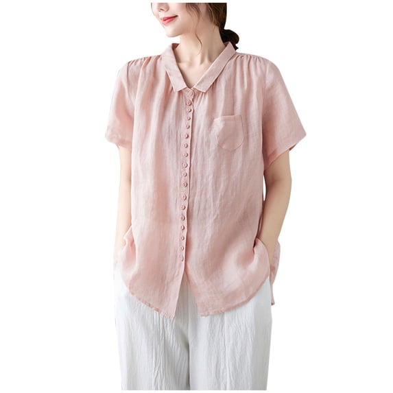 Buigttklop Short Sleeve Lapel Tops for Women Ladies Casual Loose Solid Colour Peplum Cotton Linen Shirt