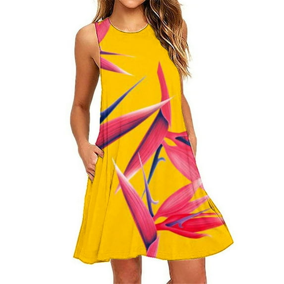 BUIgtTklOP Summer Dresses For Women 2023,Summer Dresses for Women Beach Floral Tshirt Sundress Casual Pockets Boho Tank Dress Yellow M