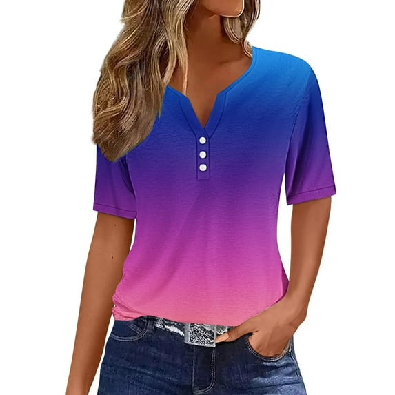 Buigttklop Summer Tops for Women 2024 Plus Size Vacation Trendy V Neck Boho Short Sleeve Shirts Casual Button Down Loose Comfy Tunic Clothes