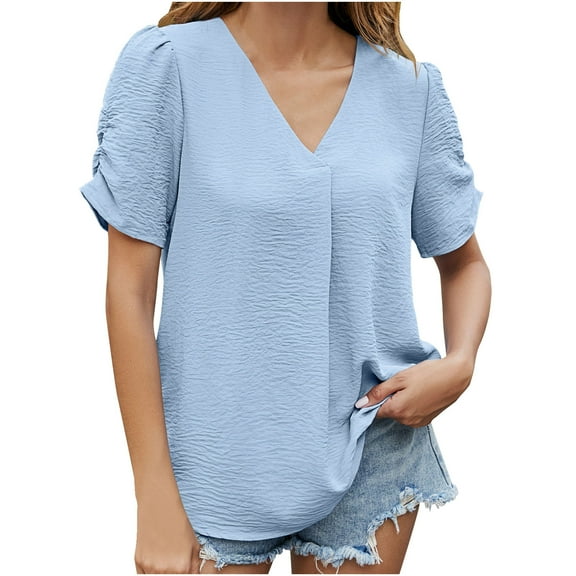 Buigttklop Summer Tops for Women 2024 Plus Size Women'S Short Sleeve V-Neck Solid Color Pleated Loose Fit Basic Tunic Top