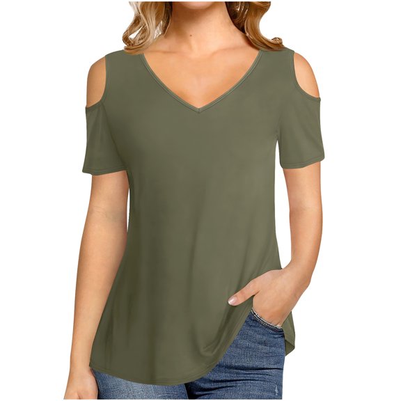 Buigttklop Summer Tops for Women 2024 Plus Size Women'S Solid Shirts Cold Shoulder Tops V Neck Blouse Tunic Shirts