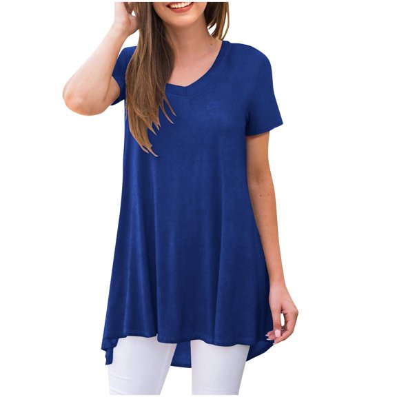 Buigttklop Summer Tunic Tops for Women Plus Size Women'S Casual Solid Color Short Sleeve V-Neck Top