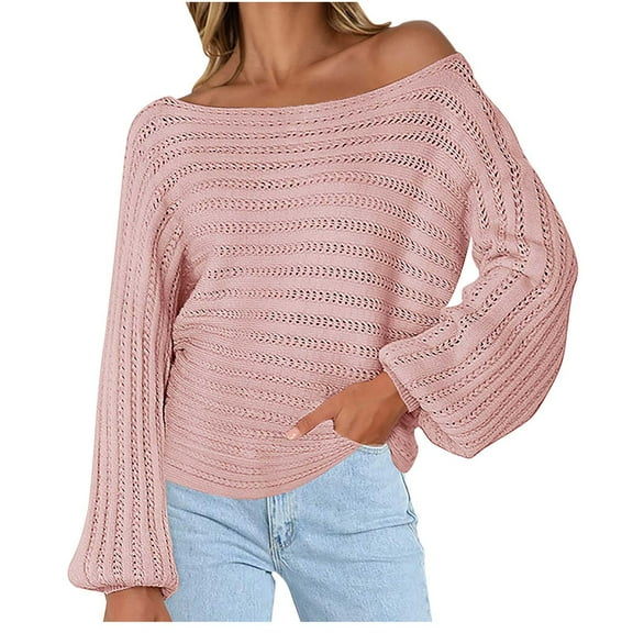 Buigttklop Sweaters for Women Plus Size Women Casual Pullover Long Sleeve Round-Neck Sweater Pink