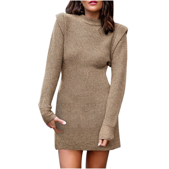 Buigttklop Sweaters for Women Women'S Autumn and Winter Casual Loose Warm Solid Color Long Sleeve Round Neck Long Sleeve Sweater Dress Khaki