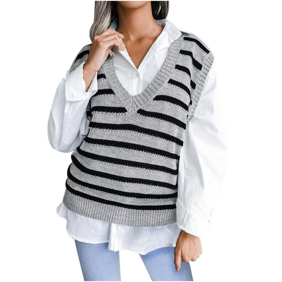 BUIgtTklOP Sweaters for Women Clearance Women Casual V-Neck Hollow Knitted Vest Sweater Vest Gray