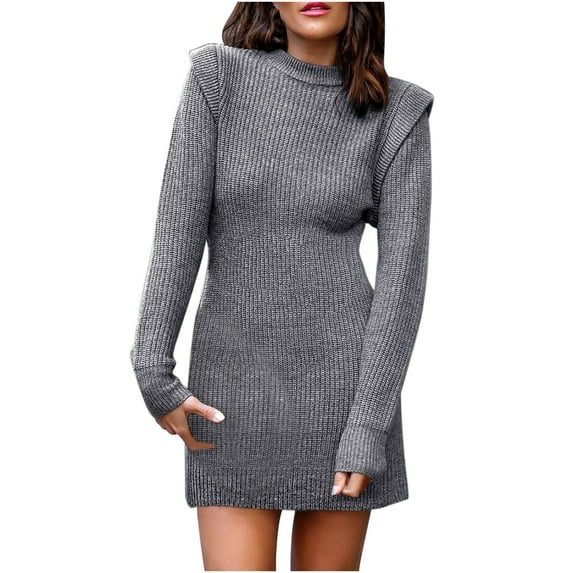 Buigttklop Sweaters for Women Women'S Autumn and Winter Casual Loose Warm Solid Color Long Sleeve Round Neck Long Sleeve Sweater Dress Gray