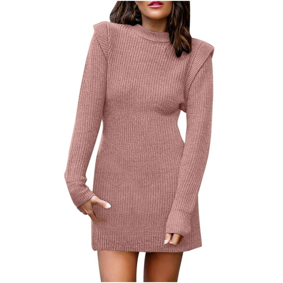 Buigttklop Sweaters for Women Women'S Autumn and Winter Casual Loose Warm Solid Color Long Sleeve Round Neck Long Sleeve Sweater Dress Pink