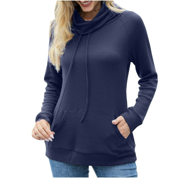Buigttklop Sweaters for Women Women'S Solid Color Long Sleeve Turtleneck Sweater Top Pocket Knit Sweater Turtleneck Sweater Blue