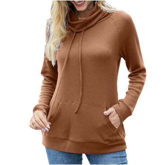 Buigttklop Sweaters for Women Women'S Solid Color Long Sleeve Turtleneck Sweater Top Pocket Knit Sweater Turtleneck Sweater Brown