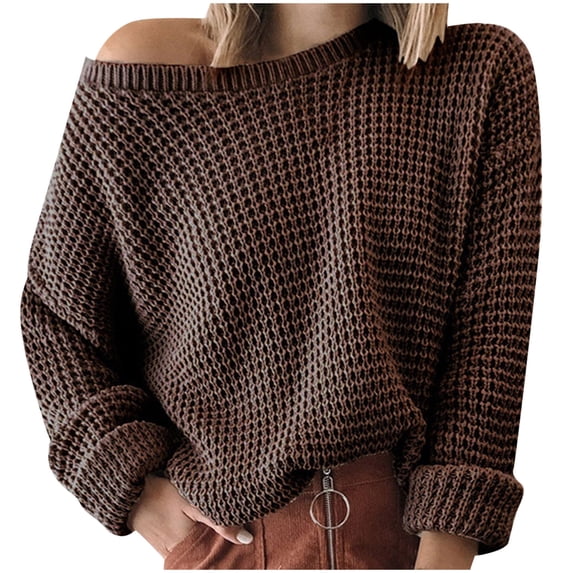 Buigttklop Sweaters for Women Plus Size Women Solid Color Long Sleeve Pullove O-Neck Shirt Sweater Tops Coffee