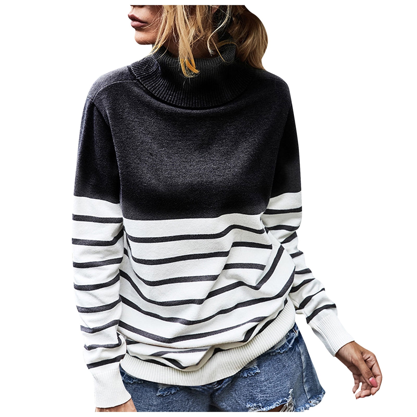 BUIgtTklOP Time and Tru Sweaters for Women Clearance Women'S and Winter HighNeck Striped