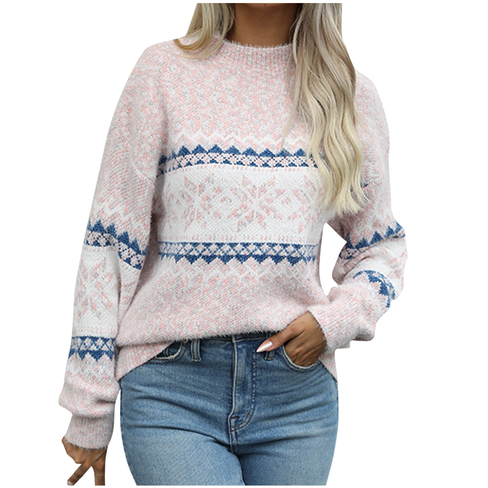 BUIgtTklOP Time and Tru Sweaters for Women Clearance Women's Crew Neck Long Sleeve Warm Sweater