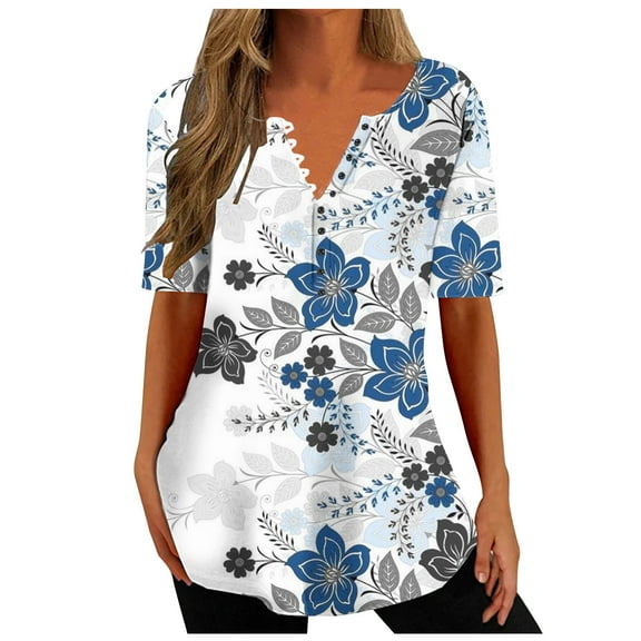 Buigttklop Tunic Tops for Women Plus Size Short Sleeve,Women'S Printed Casual Round Neck Solid Color Button Tops Blouse