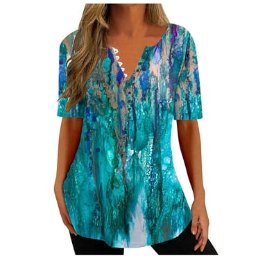 BUIgtTklOP Tunic Tops for Women Plus Size Clearance Short Sleeve,Women's Printed Casual Round Neck Solid Color Button Tops Blouse