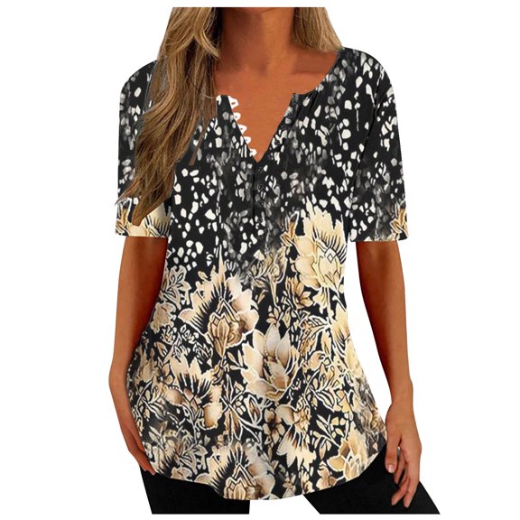 Buigttklop Tunic Tops for Women Plus Size Short Sleeve,Women'S Printed Casual Round Neck Solid Color Button Tops Blouse