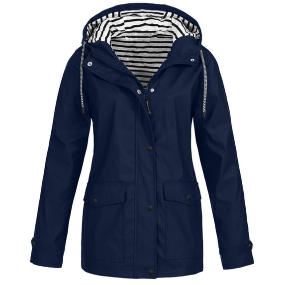 Buigttklop Women Casaul Solid Jackets Outdoor Plus Size Drawstring Zipper Hooded Raincoat Windproof Tops Coat with Pocket