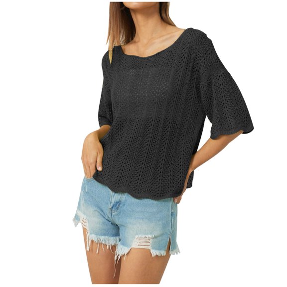 Buigttklop Women Casual Summer Scoop Neck Top Short Sleeve Sweater Casual Crochet Hollow Out Knit Tunic Tops Blouse