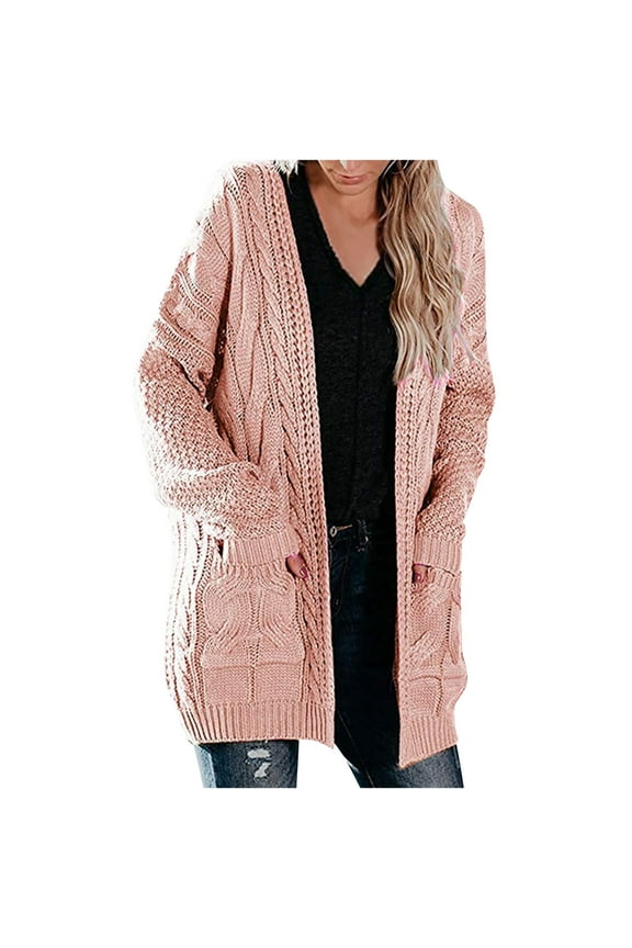 Women Medium Length Dough Twists Pocket Knitted Cardigan Able Coat