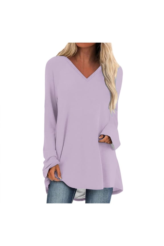 Women Plus Size Casual V-Neck T-Shirt Loose Long Sleeve Tops Solid Blouse