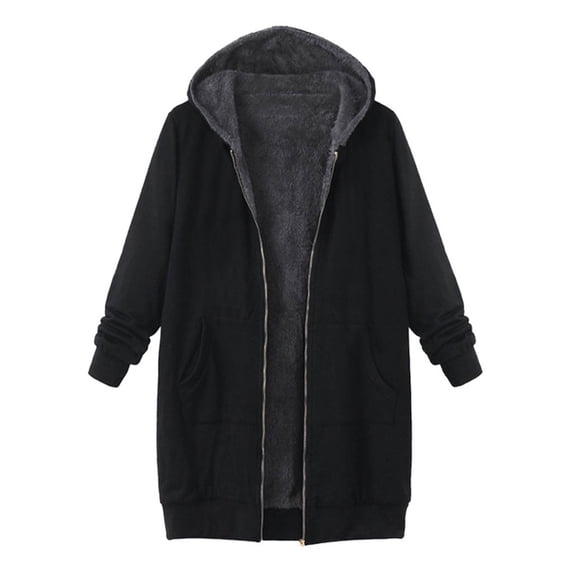 Buigttklop Women Plus Size Vintage Solid Fleece Hooded Zipper Long Sleeve Thick Coat Tops