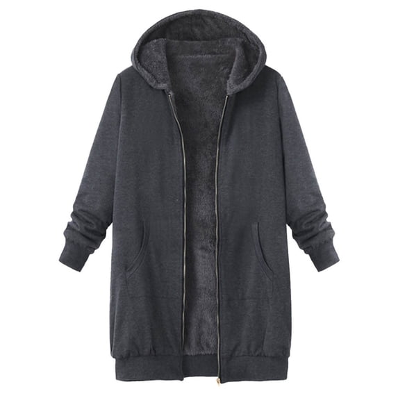 Buigttklop Women Plus Size Vintage Solid Fleece Hooded Zipper Long Sleeve Thick Coat Tops