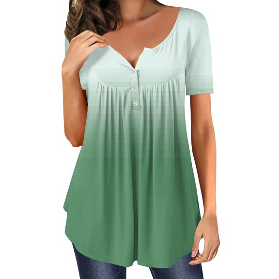 Buigttklop Women'S Summer Gradient Tunic Top Plus Size Casual Loose V-Neck Short-Sleeved T-Shirt Pleated Tops