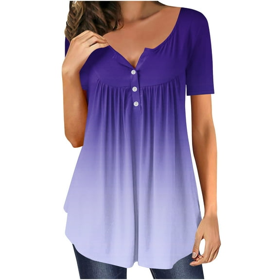 Buigttklop Women'S Summer Gradient Tunic Top Plus Size Casual Loose V-Neck Short-Sleeved T-Shirt Pleated Tops