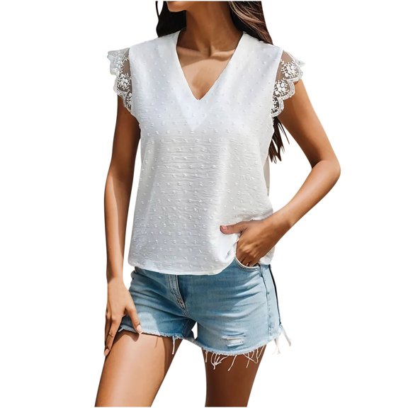 Buigttklop Women Summer Lace Patchwork Top Short-Sleeved V Neck Casual Solid Tunic Tops Blouse