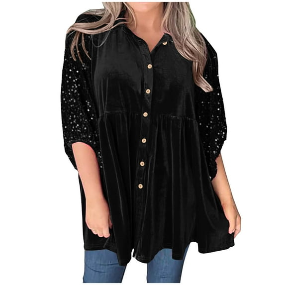 Buigttklop Women Velvet Mini Dress Button Shirts Casual Puff 3/4 Sleeve Patchwork Sequin Tops